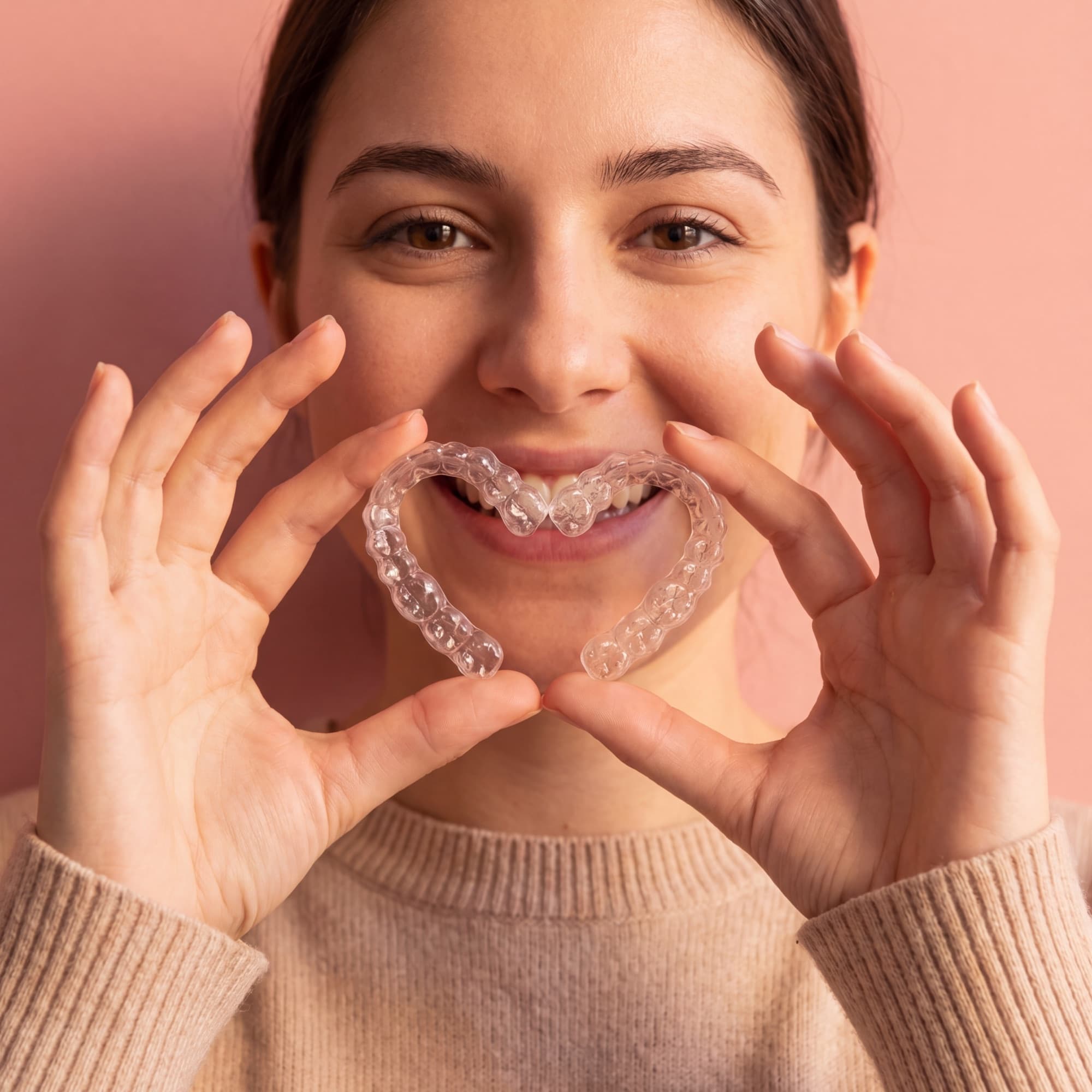 Patient holding a clear aligner up to their smile